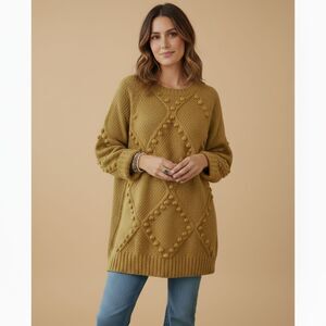 Anthropologie Moth Pom Pom Sweater M Wool Blend Mustard Textured Argyle Crewneck